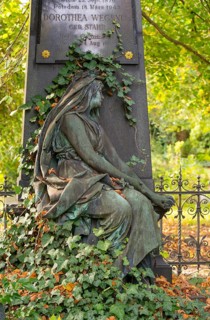 Detail of a green patinated cemetery sculpture surrounded by ivy and trees, autumn leaves,