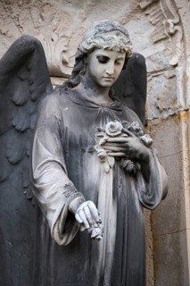 Statue of a mourning angel with roses and pronounced wings in a cemetery, androgynous, female or