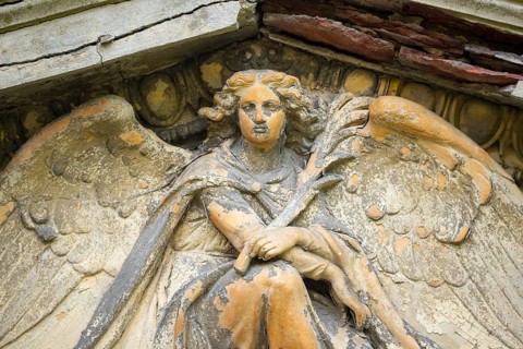 Historic angel with curls, cape and feather, angel statue, angel figure, angel figure with wings,