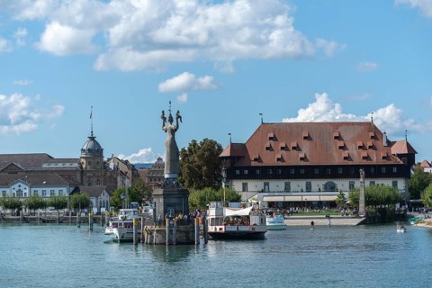 Constance on Lake Constance, Council building, harbour, ship restaurant, Imperia statue, passenger