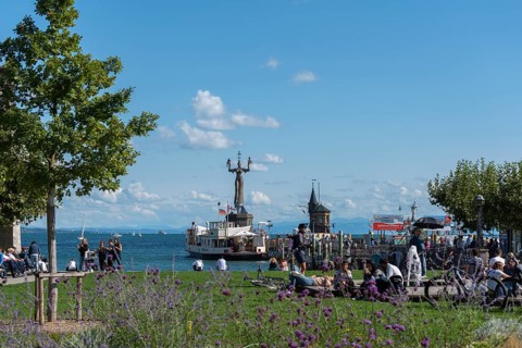 Constance on Lake Constance, Council building, harbour, ship restaurant, Imperia statue, passenger