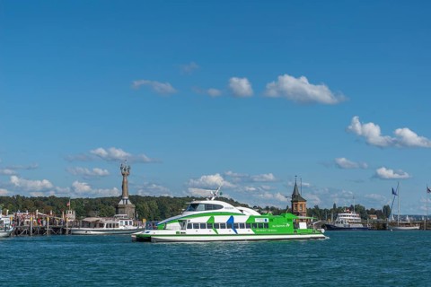 Constance at Lake Constance, harbour entrance, passenger ships, catamaran, lighthouse, statue