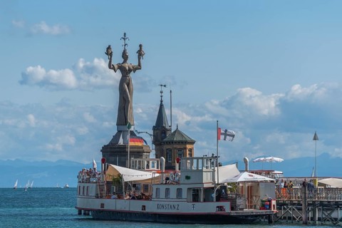 Constance on Lake Constance, harbour, restaurant ship, statue Imperia with emperor and pope, jetty,