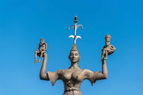 Imperia with Pope and Emperor, Constance on Lake Constance, statue, detail, revealing clothing,