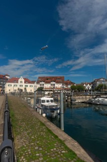 Langenargen on Lake Constance, townscape, harbour, boats, quay wall, zeppelin, Baden-Württemberg,