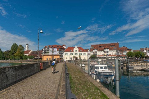 Langenargen on Lake Constance, townscape, harbour, boats, quay wall, St. Martin's Church, zeppelin,