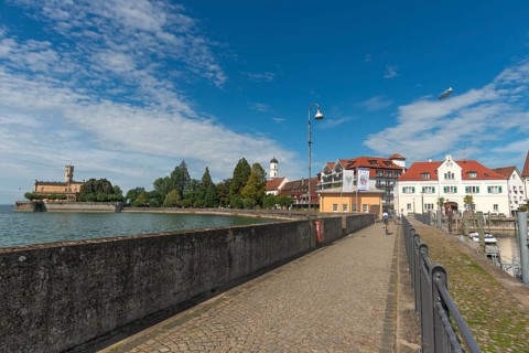 Langenargen on Lake Constance, townscape, Montfort Castle, harbour, boats, quay wall, St. Martin's
