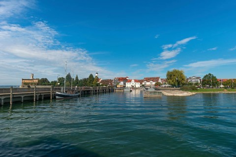 Langenargen on Lake Constance, townscape, harbour, cutter, quay wall, Baden-Württemberg, Germany,