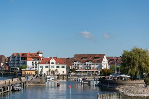 Langenargen on Lake Constance, townscape, harbour, boats, quay wall, restaurant, Baden-Württemberg,
