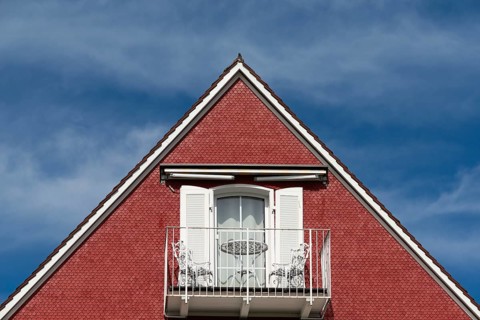 Langenargen on Lake Constance, building, gable, balcony, table, chairs, door, symmetry, detail,