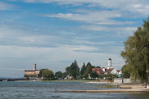 Langenargen on Lake Constance, Montfort Castle, Moorish architectural style, tower, peninsula,
