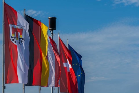 Kressbronn am Bodensee, flags, Germany, Austria, Switzerland, Europe, flagpole, blue sky,