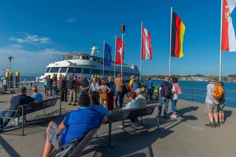 Kressbronn on Lake Constance, passenger ship, ferry pier, flags, holidaymakers, Baden-Württemberg,