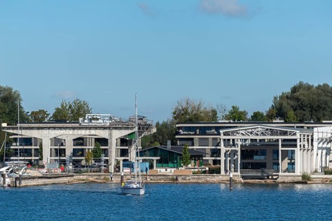 Kressbronn on Lake Constance, Bodan shipyard, listed building, former shipbuilding, sailing boat,