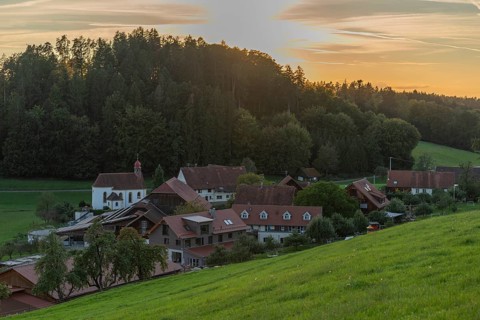 Kressbronn am Bodensee, district Nitzenweiler, Hofgut Schleinsee, chapel, forest, hill, sunset,