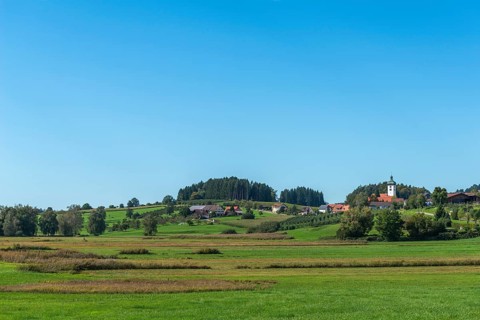 Lindau am Lake Constance, district Unterreitnau, parish church with onion dome, fields, forest,