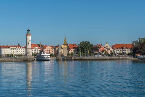 Lindau on Lake Constance, townscape, entrance to the harbour, new lighthouse, man tower, hotels,