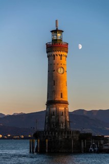 Lindau at Lake Constance, entrance to the harbour, new lighthouse, view of the Alps, half moon,