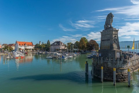 Lindau on Lake Constance, cityscape, entrance to the seaport, marina, Bavarian lion, pier, Bavaria,