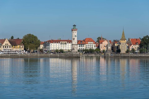 Lindau at Lake Constance, townscape, entrance to the harbour, new lighthouse, man tower, hotels,