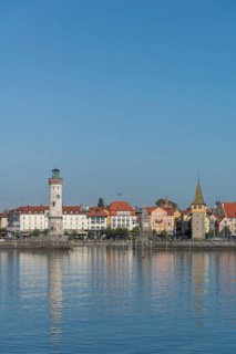 Lindau at Lake Constance, townscape, entrance to the harbour, new lighthouse, man tower, hotels,
