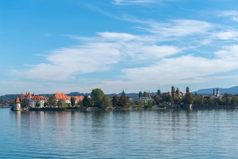 Lindau on Lake Constance, cityscape, panorama, powder tower, church tower, blue sky, Bavaria,