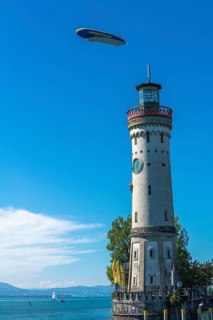 Lindau on Lake Constance, Zeppelin, new lighthouse, Alpine view, Bavaria, Germany, Europe