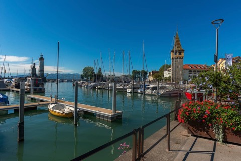 Lindau on Lake Constance, marina, jetty, new lighthouse, mang tower, flower box, Bavaria, Germany,