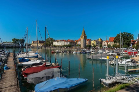 Lindau on Lake Constance, marina, jetty, new lighthouse, man tower, lakeside promenade, Bavaria,