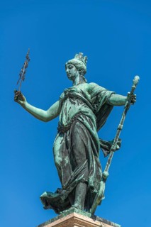 Lindau on Lake Constance, Lindavia fountain, Lindavia statue, town wall, crown, helm, blue sky,