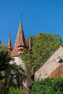 Lindau on Lake Constance, colourful thieves' tower, Romanesque St. Peter's Church, apse, exterior