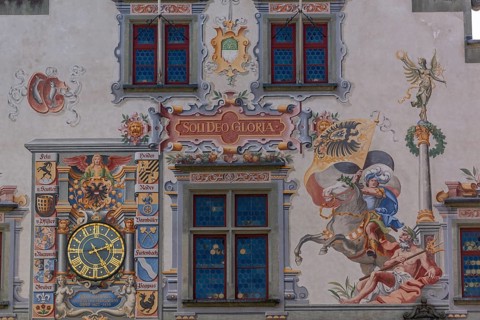 Lindau on Lake Constance, Old Town Hall, wall painting, clock, horseman, inscription, family coat