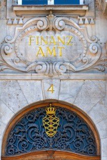 Lindau am Lake Constance, tax office, inscription, entrance, ornamentation, symbol, Bavaria,
