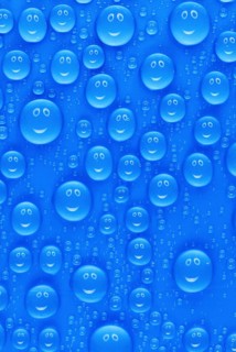 Lots of funny little blue water drops on a blue surface, a smiley face reflected in each drop