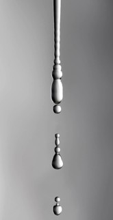 A thin stream of water from a sponge breaks off and begins to drip