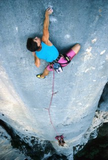 Christoph Bucher, a professional climber from the 1980s, climbs a 10th grade route in the Gorge du