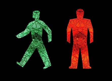 A green traffic light man moves away from a stationary red one, pictograms, pedestrian