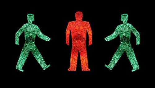 Two green traffic light men walking towards a standing red one, pictograms, pedestrian lights