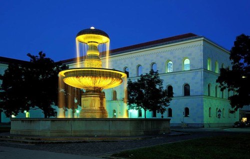 Östlicher Schalenbrunnen at Professor-Huber-Platz at dusk, blue hour, Munich, Bavaria, Germany,