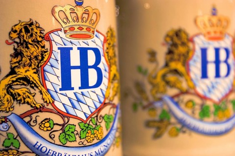 The Hofbräu brewery's coat of arms on a stone beer mug in the Hofbräuhaus souvenir store, Munich,