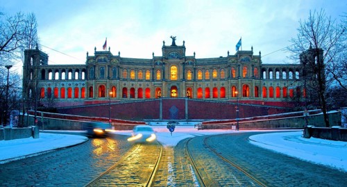 Panoramic view of the Maximilianeum, the Bavarian parliament, dusk, blue hour, Munich, Bavaria,