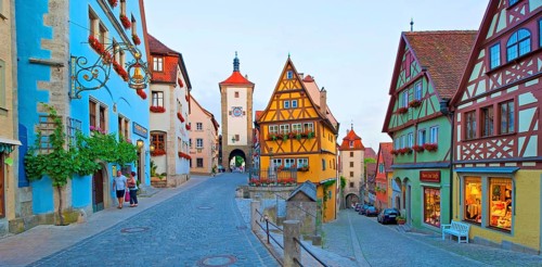 Town view of Rothenburg ob der Tauber in the evening at blue hour, in the foreground the Plönlein