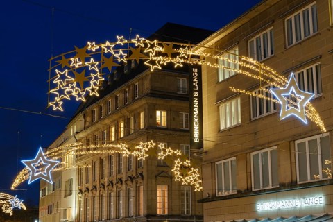 Shooting stars over the pedestrian zone, Christmas lights, Light Weeks, Blue Hour, City of Essen,