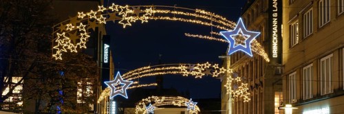 Shooting stars over the pedestrian zone, Christmas lights, Light Weeks, Blue Hour, City of Essen,
