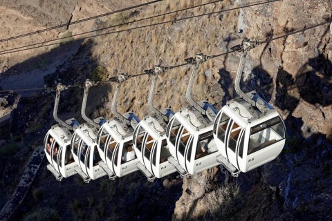 Fira, Santorini Island, Greece Close-up of cable car cabins from the old harbour