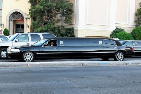 Stretch limousine in front of casino, Las Vegas Strip, Las Vegas, Nevada, USA, North America