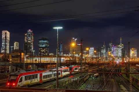 A regional train approaches Frankfurt Central Station. The German Train Drivers' Union (GDL) has
