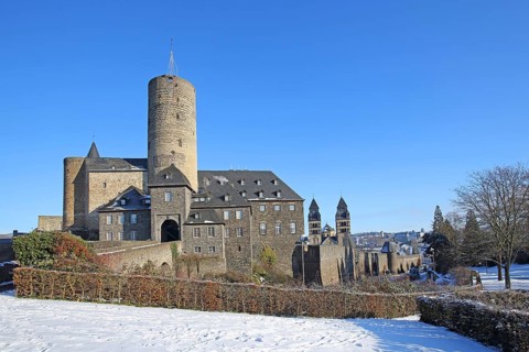 Genoveva Castle built in the 13th century with keep Goloturm and neo-Romanesque Herz-Jesu-Kirche