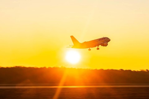 Aircraft taking off at sunrise at Frankfurt Airport, Fraport Airport, D-AIBG, LUFTHANSA, AIRBUS