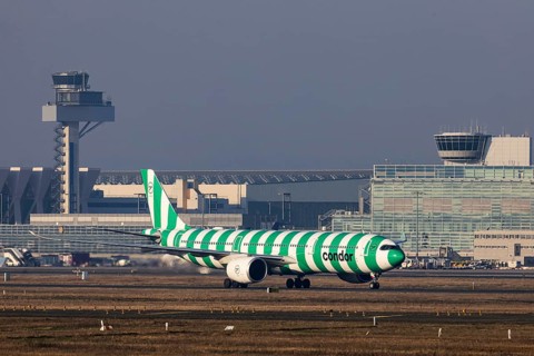 Aircraft at Frankfurt Airport, Fraport Airport with tower. D-ANRE, CONDOR, AIRBUS A330-941,